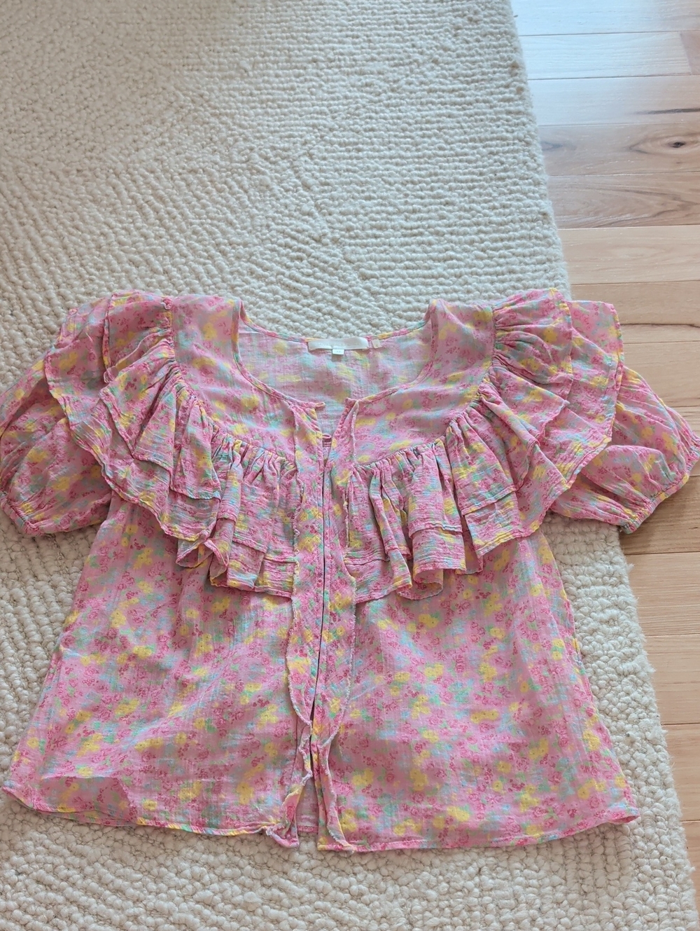 LoveShackFancy Pink Floral Ruffle Blouse